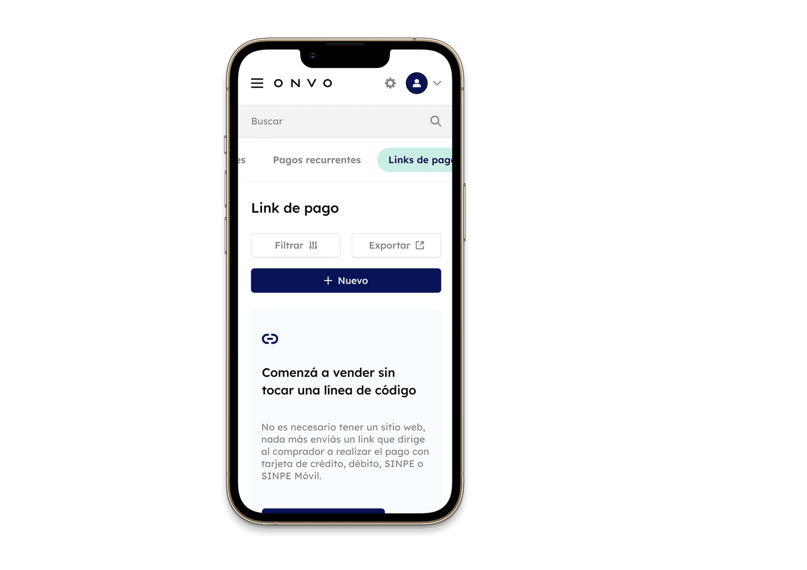 Vista previa de un link de pago ONVO